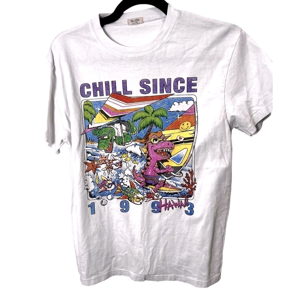 John Galt “Chill Since 1993” Graphic Tee Surf Dinosaur Hawaii Theme estimated XS